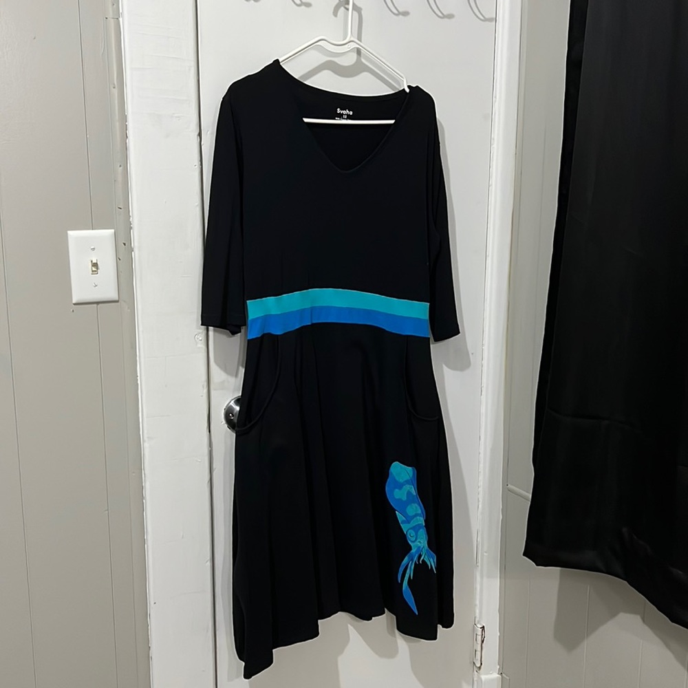 Svaha black dress with blue/green squid